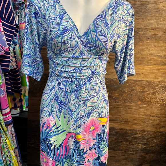 Lilly Pulitzer Blue and Pink Sheath Midi Dress with Flutter Sleeves - Picture 1 of 10